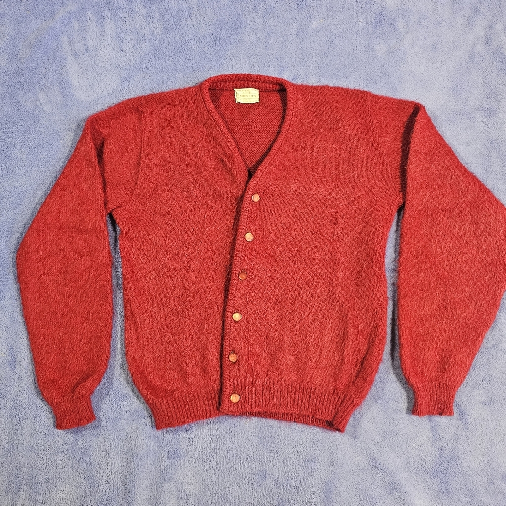 Vintage 60’s Brent Prep Mohair Wool Red Cardigan Sweater Size L (16/18)